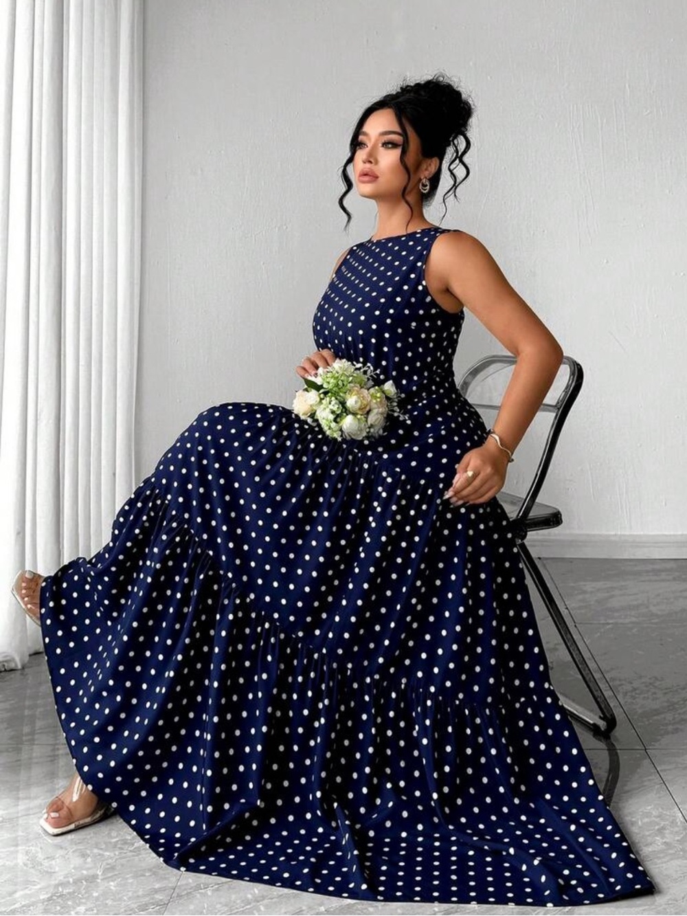 Elenzga Plus Size Women's Sleeveless Waist Cinched Long Flared Polka Dot Dress,